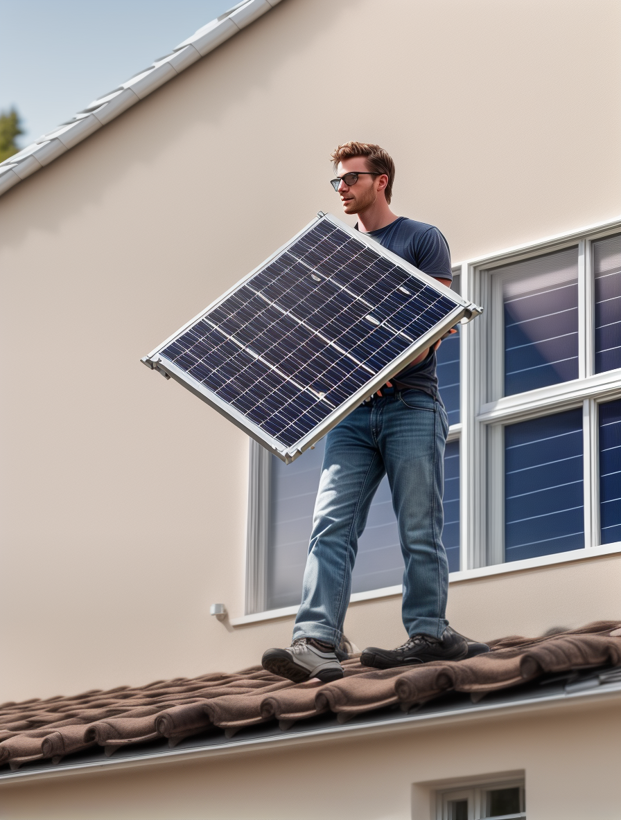 A Man in Black Shirt Standing on the Roof while Holding a Solar Panel